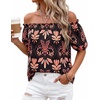 image:imageBTFBM Off The Shoulder Boho Tops for Women 2026 Summer Spring Short Sleeve Floral Loose Resort Beach Vacation ClothesFloral Black Orange