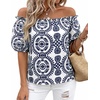 image:imageBTFBM Off The Shoulder Boho Tops for Women 2026 Summer Spring Short Sleeve Floral Loose Resort Beach Vacation ClothesFloral White Navy
