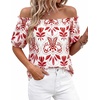 image:imageBTFBM Off The Shoulder Boho Tops for Women 2026 Summer Spring Short Sleeve Floral Loose Resort Beach Vacation ClothesFloral White Red