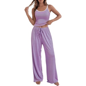 image:imageBTFBM Lounge Sets For Women 2026 Striped 2 Piece Pajama Sets Spaghetti Strap Tops Wide Leg Pants Beach Vacation OutfitsStriped Purple Orange