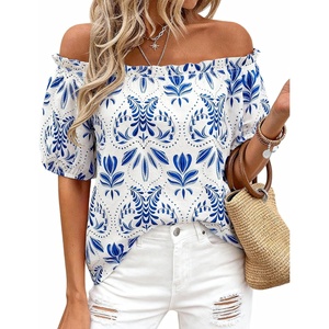 image:imageBTFBM Off The Shoulder Boho Tops for Women 2026 Summer Spring Short Sleeve Floral Loose Resort Beach Vacation ClothesFloral White Blue