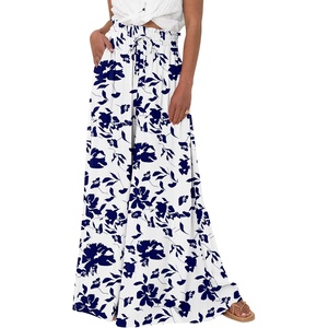 image:imageBTFBM Wide Leg Palazzo Pants for Women 2026 Summer Spring Casual High Waisted Flowy Trousers Boho Beach Vacation OutfitsPrint White Blue