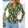 image:imageBTFBM Button Down Shirts for Women 2026 Spring Boho Tops V Neck Long Sleeve Blouses Ruched Mesh Fitted Fashion ClothingArmy Green