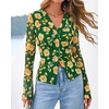 image:imageBTFBM Button Down Shirts for Women 2026 Spring Boho Tops V Neck Long Sleeve Blouses Ruched Mesh Fitted Fashion ClothingArmy Green