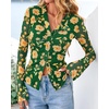 image:imageBTFBM Button Down Shirts for Women 2026 Spring Boho Tops V Neck Long Sleeve Blouses Ruched Mesh Fitted Fashion ClothingArmy Green