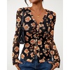 image:imageBTFBM Button Down Shirts for Women 2026 Spring Boho Tops V Neck Long Sleeve Blouses Ruched Mesh Fitted Fashion ClothingBlack