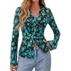 image:imageBTFBM Button Down Shirts for Women 2026 Spring Boho Tops V Neck Long Sleeve Blouses Ruched Mesh Fitted Fashion ClothingBlack Blue Flower