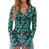 image:imageBTFBM Button Down Shirts for Women 2026 Spring Boho Tops V Neck Long Sleeve Blouses Ruched Mesh Fitted Fashion ClothingBlack Blue Flower