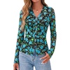 image:imageBTFBM Button Down Shirts for Women 2026 Spring Boho Tops V Neck Long Sleeve Blouses Ruched Mesh Fitted Fashion ClothingBlack Blue Flower