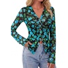 image:imageBTFBM Button Down Shirts for Women 2026 Spring Boho Tops V Neck Long Sleeve Blouses Ruched Mesh Fitted Fashion ClothingBlack Blue Flower