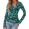 image:imageBTFBM Button Down Shirts for Women 2026 Spring Boho Tops V Neck Long Sleeve Blouses Ruched Mesh Fitted Fashion ClothingBlack Blue Flower