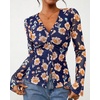 image:imageBTFBM Button Down Shirts for Women 2026 Spring Boho Tops V Neck Long Sleeve Blouses Ruched Mesh Fitted Fashion ClothingBlue