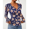 image:imageBTFBM Button Down Shirts for Women 2026 Spring Boho Tops V Neck Long Sleeve Blouses Ruched Mesh Fitted Fashion ClothingBlue