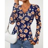 image:imageBTFBM Button Down Shirts for Women 2026 Spring Boho Tops V Neck Long Sleeve Blouses Ruched Mesh Fitted Fashion ClothingBlue