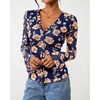 image:imageBTFBM Button Down Shirts for Women 2026 Spring Boho Tops V Neck Long Sleeve Blouses Ruched Mesh Fitted Fashion ClothingBlue