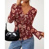 image:imageBTFBM Button Down Shirts for Women 2026 Spring Boho Tops V Neck Long Sleeve Blouses Ruched Mesh Fitted Fashion ClothingBrown