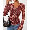 image:imageBTFBM Button Down Shirts for Women 2026 Spring Boho Tops V Neck Long Sleeve Blouses Ruched Mesh Fitted Fashion ClothingBrown