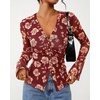 image:imageBTFBM Button Down Shirts for Women 2026 Spring Boho Tops V Neck Long Sleeve Blouses Ruched Mesh Fitted Fashion ClothingBrown