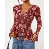 image:imageBTFBM Button Down Shirts for Women 2026 Spring Boho Tops V Neck Long Sleeve Blouses Ruched Mesh Fitted Fashion ClothingBrown