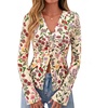 image:imageBTFBM Button Down Shirts for Women 2026 Spring Boho Tops V Neck Long Sleeve Blouses Ruched Mesh Fitted Fashion ClothingFloral Apricot Multi