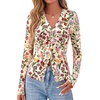image:imageBTFBM Button Down Shirts for Women 2026 Spring Boho Tops V Neck Long Sleeve Blouses Ruched Mesh Fitted Fashion ClothingFloral Apricot Multi