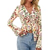 image:imageBTFBM Button Down Shirts for Women 2026 Spring Boho Tops V Neck Long Sleeve Blouses Ruched Mesh Fitted Fashion ClothingFloral Apricot Multi