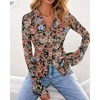 image:imageBTFBM Button Down Shirts for Women 2026 Spring Boho Tops V Neck Long Sleeve Blouses Ruched Mesh Fitted Fashion ClothingFloral Black Orange