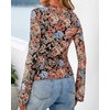 image:imageBTFBM Button Down Shirts for Women 2026 Spring Boho Tops V Neck Long Sleeve Blouses Ruched Mesh Fitted Fashion ClothingFloral Black Orange