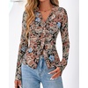 image:imageBTFBM Button Down Shirts for Women 2026 Spring Boho Tops V Neck Long Sleeve Blouses Ruched Mesh Fitted Fashion ClothingFloral Black Orange