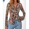image:imageBTFBM Button Down Shirts for Women 2026 Spring Boho Tops V Neck Long Sleeve Blouses Ruched Mesh Fitted Fashion ClothingFloral Black Orange