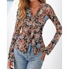 image:imageBTFBM Button Down Shirts for Women 2026 Spring Boho Tops V Neck Long Sleeve Blouses Ruched Mesh Fitted Fashion ClothingFloral Black Orange