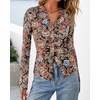 image:imageBTFBM Button Down Shirts for Women 2026 Spring Boho Tops V Neck Long Sleeve Blouses Ruched Mesh Fitted Fashion ClothingFloral Black Orange