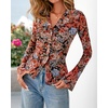 image:imageBTFBM Button Down Shirts for Women 2026 Spring Boho Tops V Neck Long Sleeve Blouses Ruched Mesh Fitted Fashion ClothingFloral Black Red