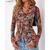 image:imageBTFBM Button Down Shirts for Women 2026 Spring Boho Tops V Neck Long Sleeve Blouses Ruched Mesh Fitted Fashion ClothingFloral Black Red