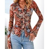 image:imageBTFBM Button Down Shirts for Women 2026 Spring Boho Tops V Neck Long Sleeve Blouses Ruched Mesh Fitted Fashion ClothingFloral Black Red