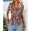 image:imageBTFBM Button Down Shirts for Women 2026 Spring Boho Tops V Neck Long Sleeve Blouses Ruched Mesh Fitted Fashion ClothingFloral Black Red