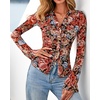 image:imageBTFBM Button Down Shirts for Women 2026 Spring Boho Tops V Neck Long Sleeve Blouses Ruched Mesh Fitted Fashion ClothingFloral Black Red