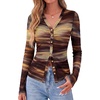 image:imageBTFBM Button Down Shirts for Women 2026 Spring Boho Tops V Neck Long Sleeve Blouses Ruched Mesh Fitted Fashion ClothingFloral Brown
