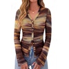 image:imageBTFBM Button Down Shirts for Women 2026 Spring Boho Tops V Neck Long Sleeve Blouses Ruched Mesh Fitted Fashion ClothingFloral Brown
