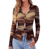 image:imageBTFBM Button Down Shirts for Women 2026 Spring Boho Tops V Neck Long Sleeve Blouses Ruched Mesh Fitted Fashion ClothingFloral Brown
