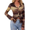 image:imageBTFBM Button Down Shirts for Women 2026 Spring Boho Tops V Neck Long Sleeve Blouses Ruched Mesh Fitted Fashion ClothingFloral Brown
