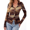 image:imageBTFBM Button Down Shirts for Women 2026 Spring Boho Tops V Neck Long Sleeve Blouses Ruched Mesh Fitted Fashion ClothingFloral Brown