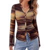 image:imageBTFBM Button Down Shirts for Women 2026 Spring Boho Tops V Neck Long Sleeve Blouses Ruched Mesh Fitted Fashion ClothingFloral Brown