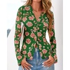 image:imageBTFBM Button Down Shirts for Women 2026 Spring Boho Tops V Neck Long Sleeve Blouses Ruched Mesh Fitted Fashion ClothingGreen