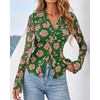 image:imageBTFBM Button Down Shirts for Women 2026 Spring Boho Tops V Neck Long Sleeve Blouses Ruched Mesh Fitted Fashion ClothingGreen