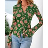 image:imageBTFBM Button Down Shirts for Women 2026 Spring Boho Tops V Neck Long Sleeve Blouses Ruched Mesh Fitted Fashion ClothingGreen