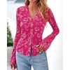 image:imageBTFBM Button Down Shirts for Women 2026 Spring Boho Tops V Neck Long Sleeve Blouses Ruched Mesh Fitted Fashion ClothingHot Pink