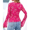 image:imageBTFBM Button Down Shirts for Women 2026 Spring Boho Tops V Neck Long Sleeve Blouses Ruched Mesh Fitted Fashion ClothingHot Pink