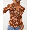 image:imageBTFBM Button Down Shirts for Women 2026 Spring Boho Tops V Neck Long Sleeve Blouses Ruched Mesh Fitted Fashion ClothingKhaki
