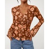 image:imageBTFBM Button Down Shirts for Women 2026 Spring Boho Tops V Neck Long Sleeve Blouses Ruched Mesh Fitted Fashion ClothingKhaki